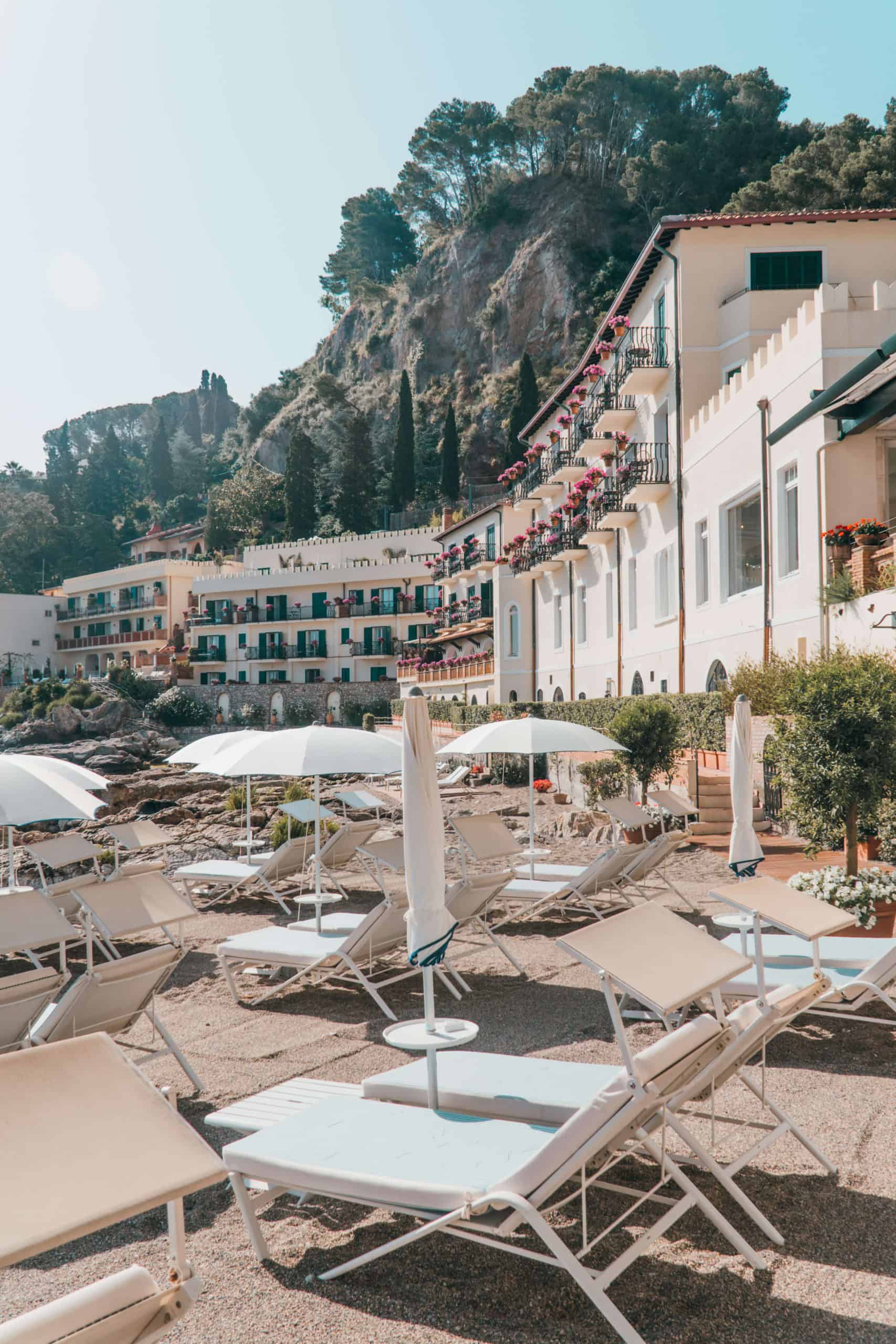 Private beach at Belmond Villa Sant'Andrea | Staying at the Belmond Hotel Grand Timeo Vs. Belmond Villa Sant’Andrea | The Republic of Rose