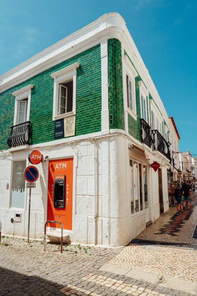 Green tile building in Old Town Lagos, Portugal