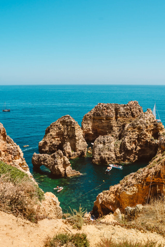 View of Ponta da Piedade rock formations along the coastline of the Algarve