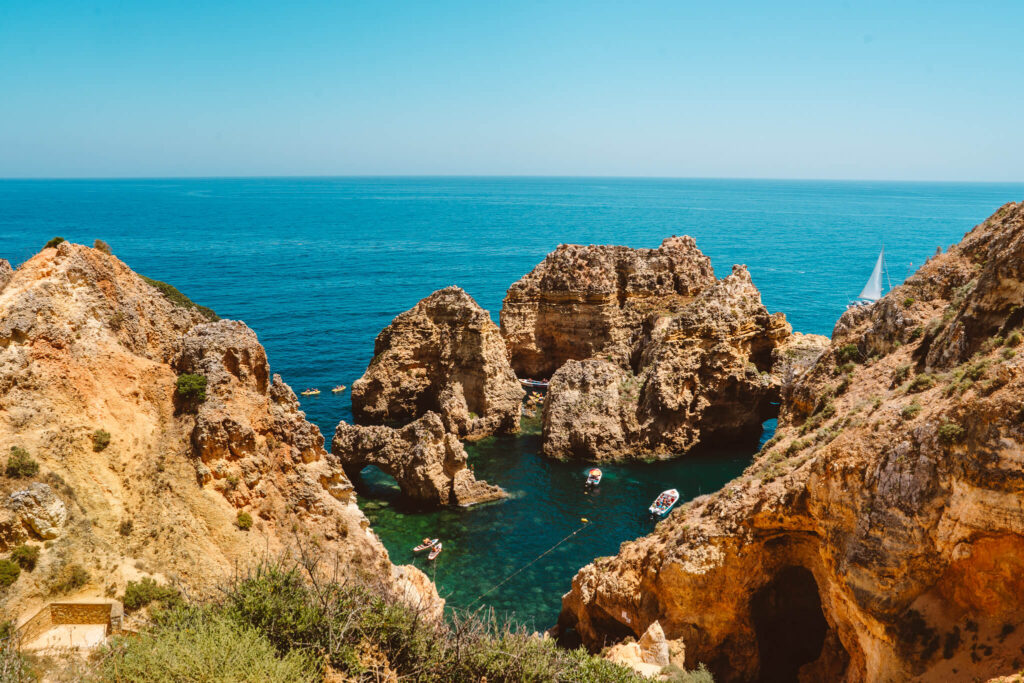 View of Ponta da Piedade rock formations along the coastline of the Algarve