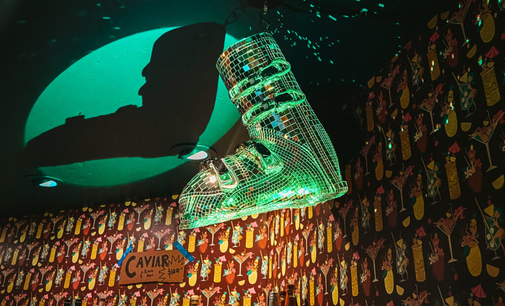 Ski boot disco ball at Bad Kitty Lounge