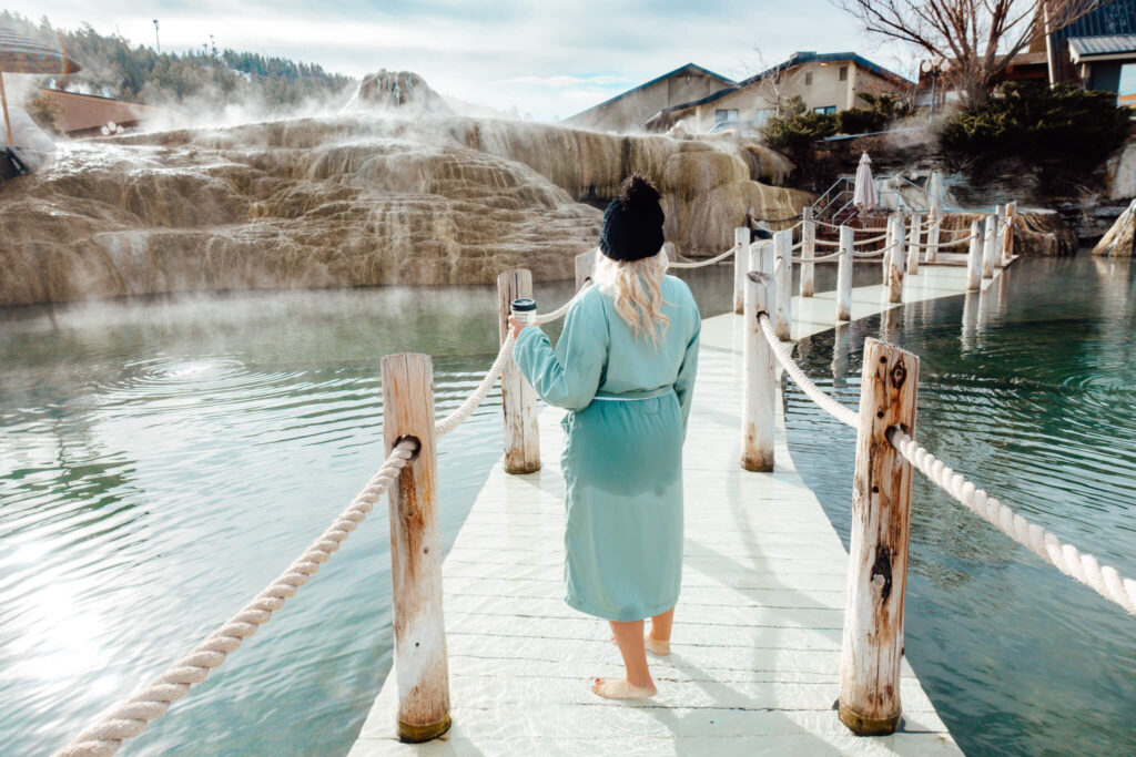 Enjoying a hot coffee and taking in the views of the hot springs at The Springs Resort in Pagosa Springs