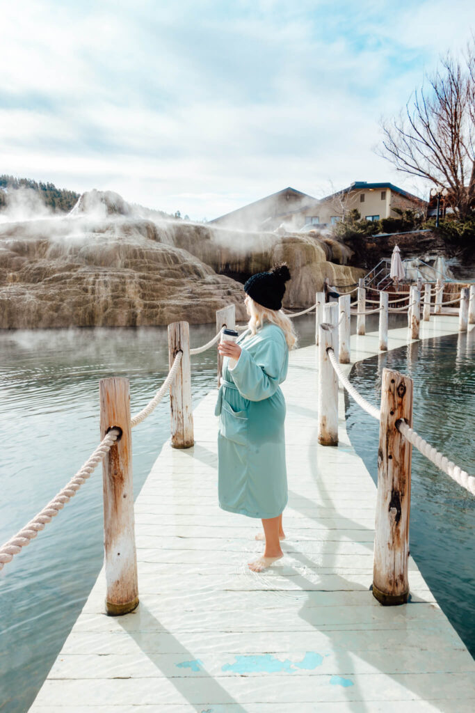 Enjoying a hot coffee and taking in the views of the hot springs at The Springs Resort in Pagosa Springs