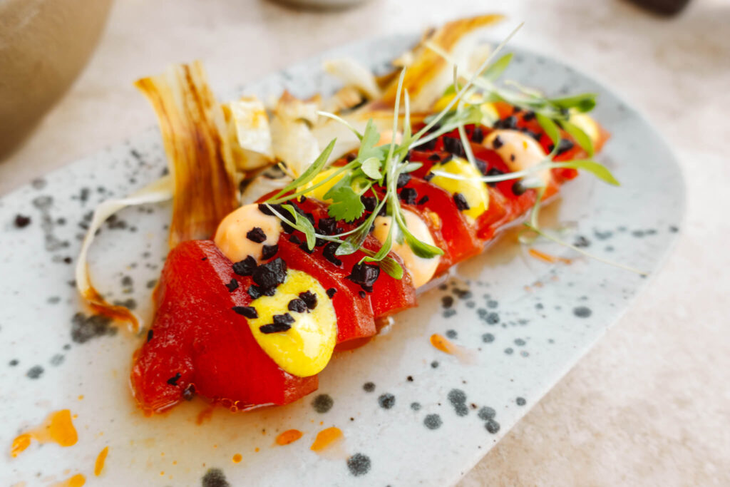 Grilled watermelon tiradito at Tunki Rooftop at the Belmond Hotel